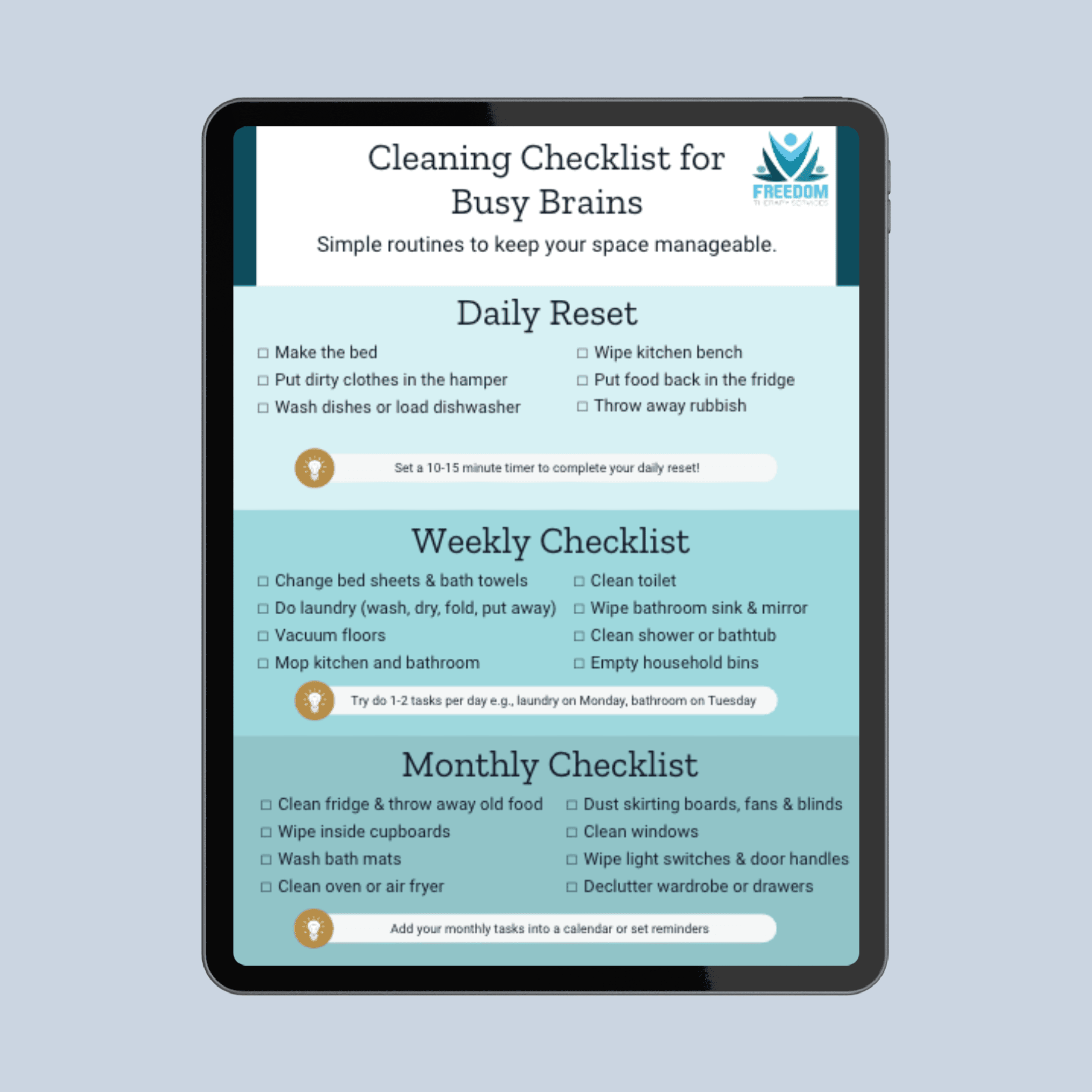Cleaning Checklist ADHD Adult Resource